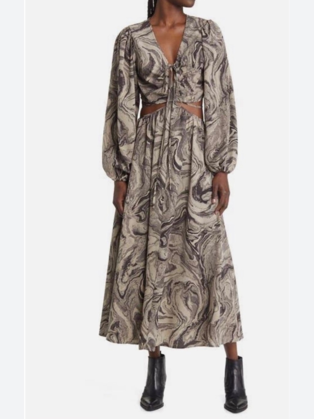 Anthropologie Moon River Cutout Strappy Maxi Dress rock marble print long sleeve